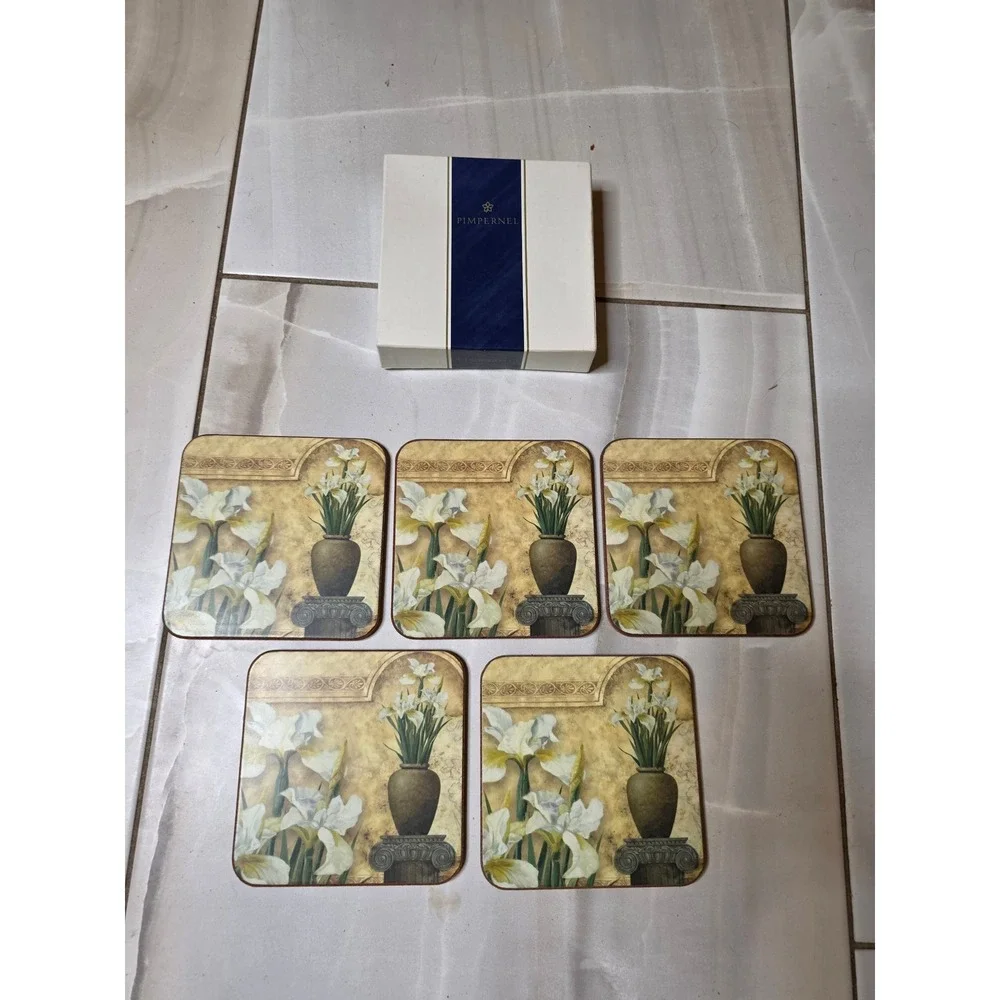 Pimpernel Coasters Set of 5 White Iris Floral Cork Back Made in‎ England E2